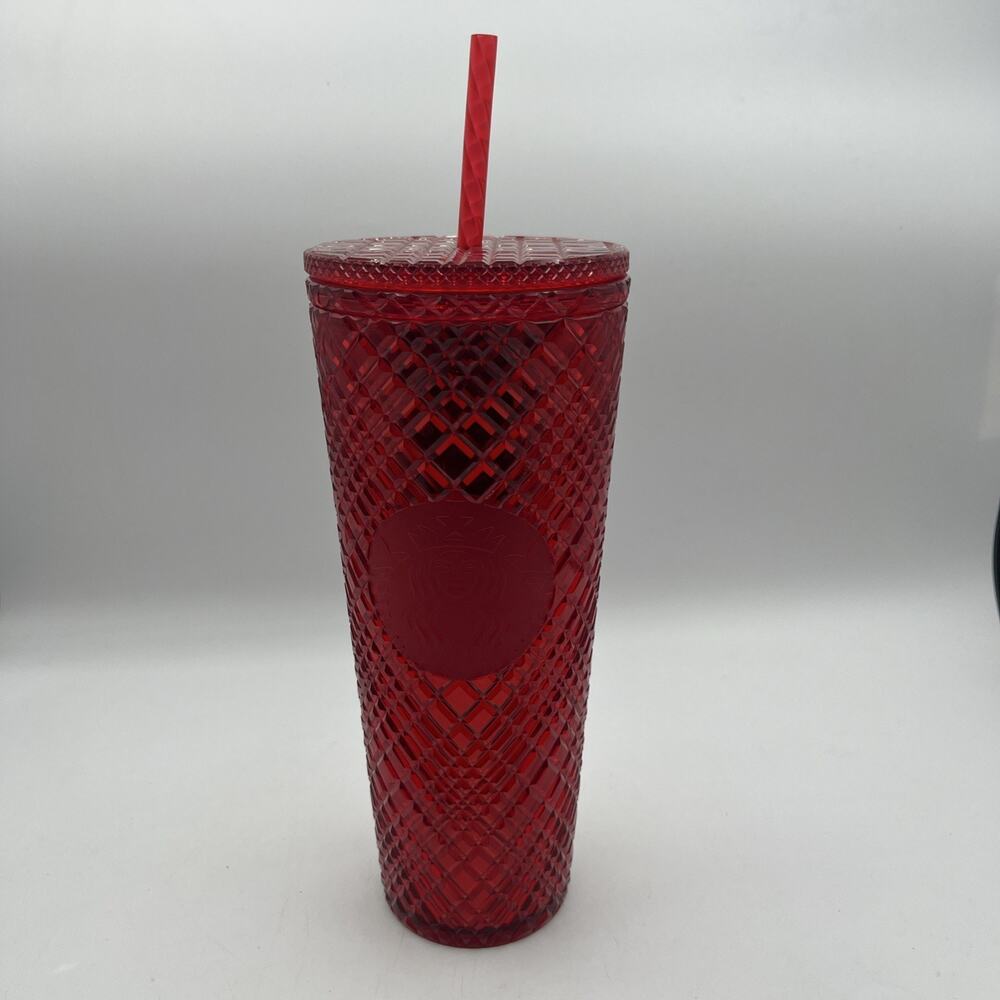 Starbucks Cup Red Bling Studded Venti 24 oz Cold Tumbler With Straw NEW Holiday